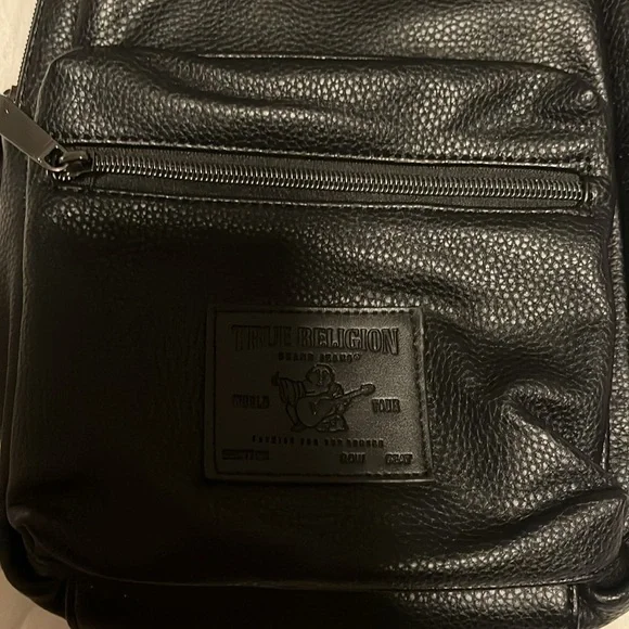 True Religion small black leather backpack with branded canvas strap EUC - Picture 2 of 8